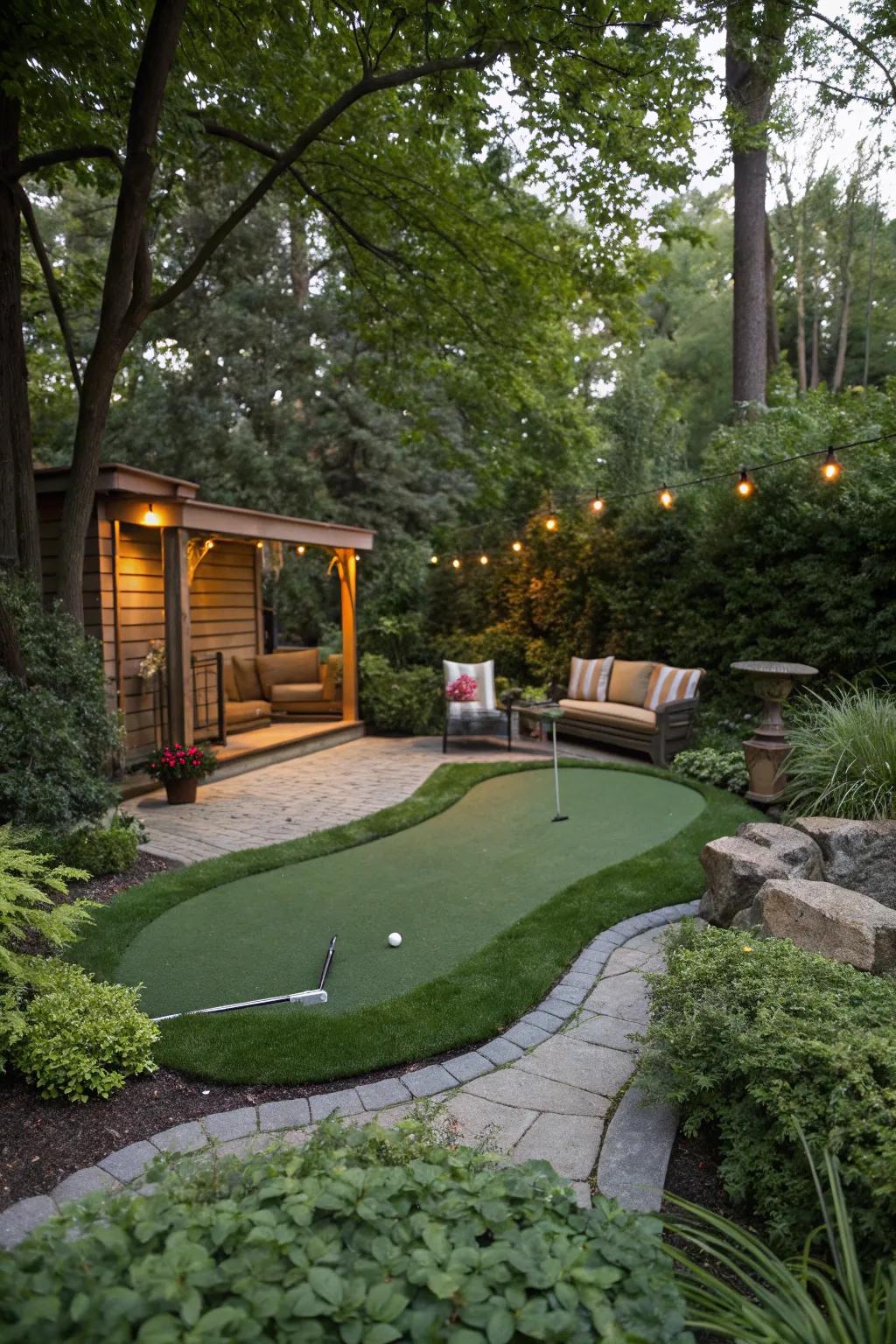 A peaceful seating area by a backyard putting green.