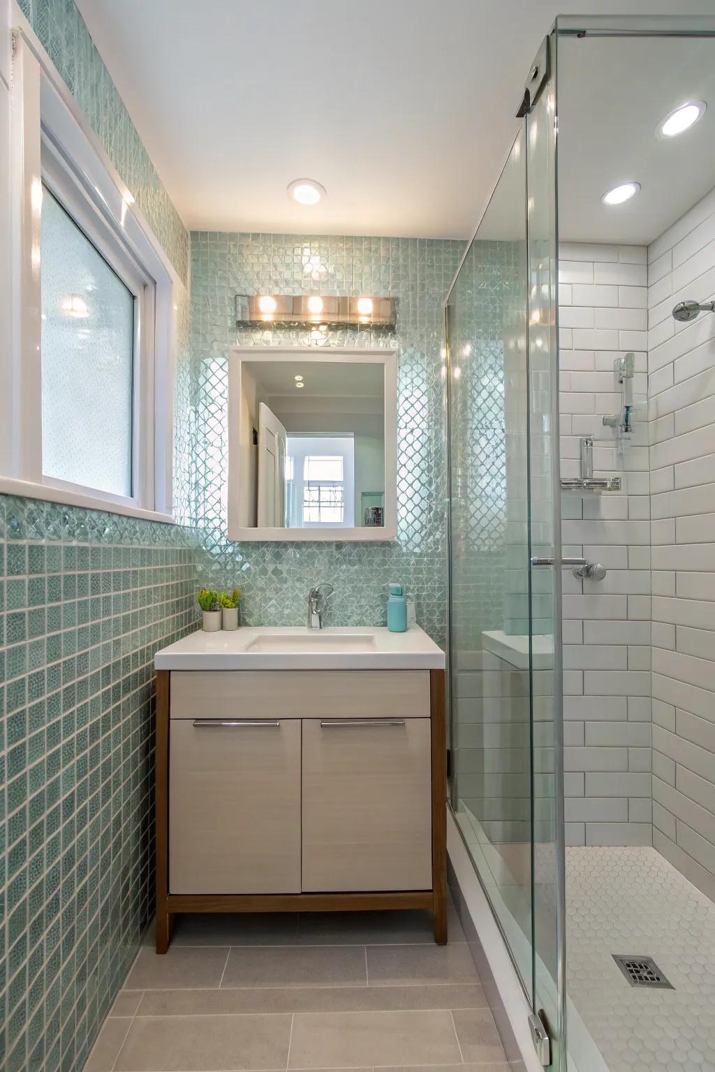 Shiny panes add brilliance and light to petite bathrooms.