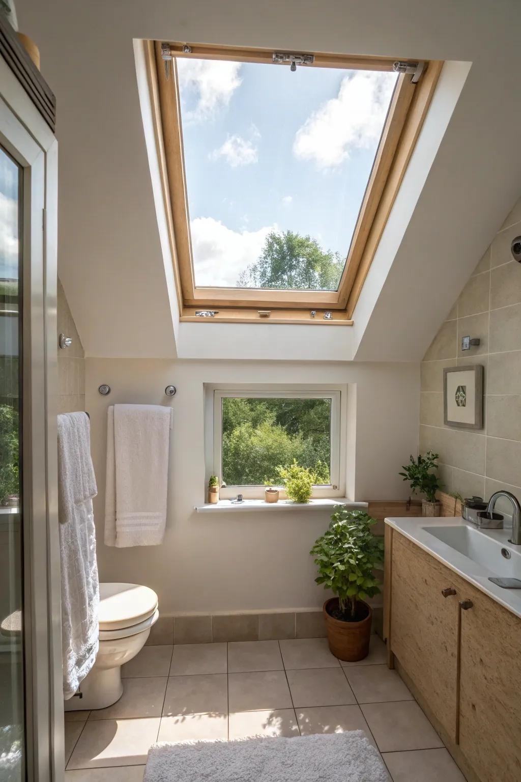 A window in the roof offers a bright, airy feel.