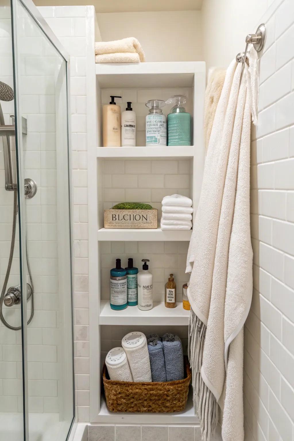 Recessed storage keeps your shower essentials organized and accessible.