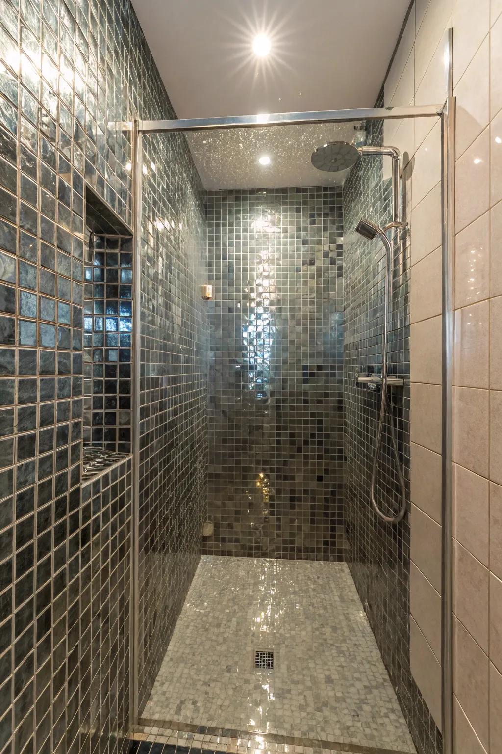 Glass tiles are excellent for enhancing both illumination and space within showers.