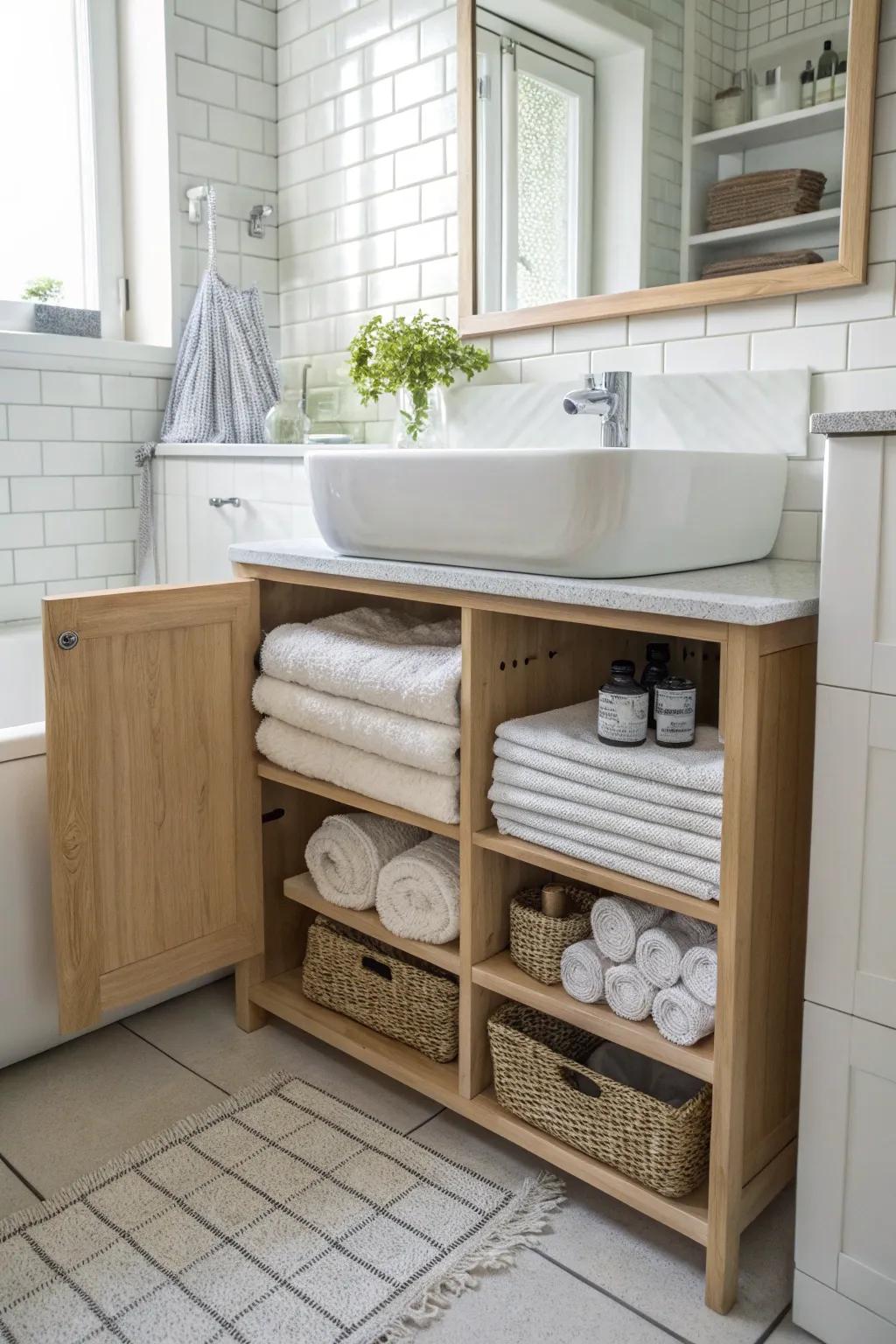 Keep towels discreetly stored in under-sink cabinets.