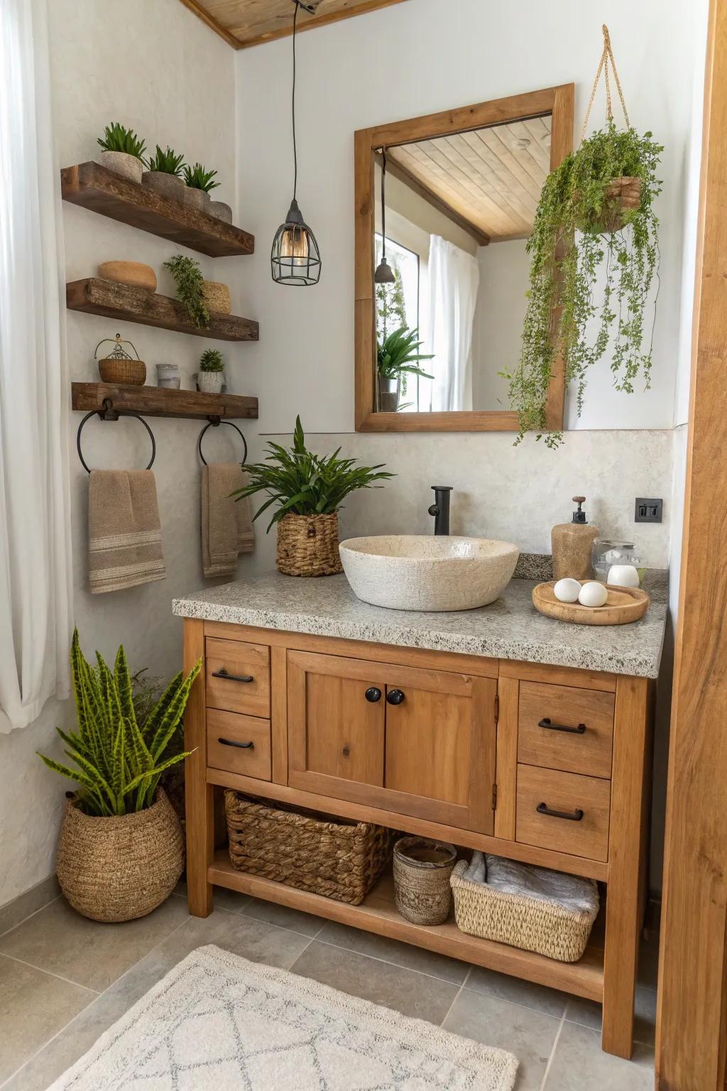 A wooden vanity that introduces warmth and texture into a small bathroom.