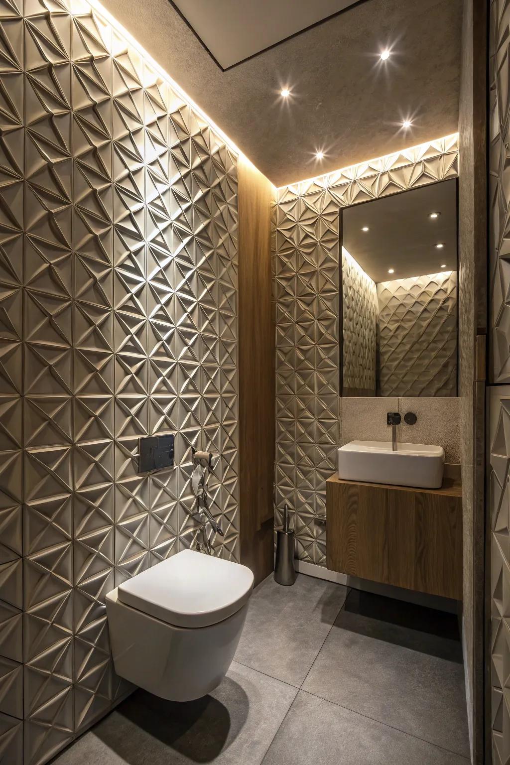 3D geometric panels injecting an innovative and artistic dimension to a small bathroom.