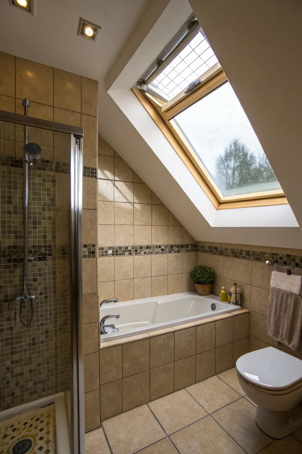 A skylight brings in natural light, enhancing the bathroom’s feel.