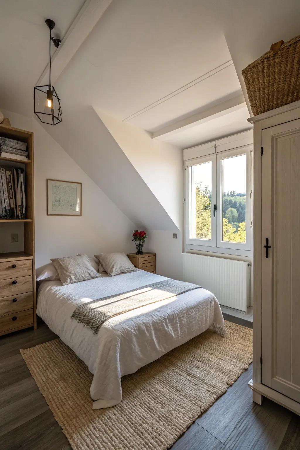 Positioning the bed in the corner opens up space in the room.