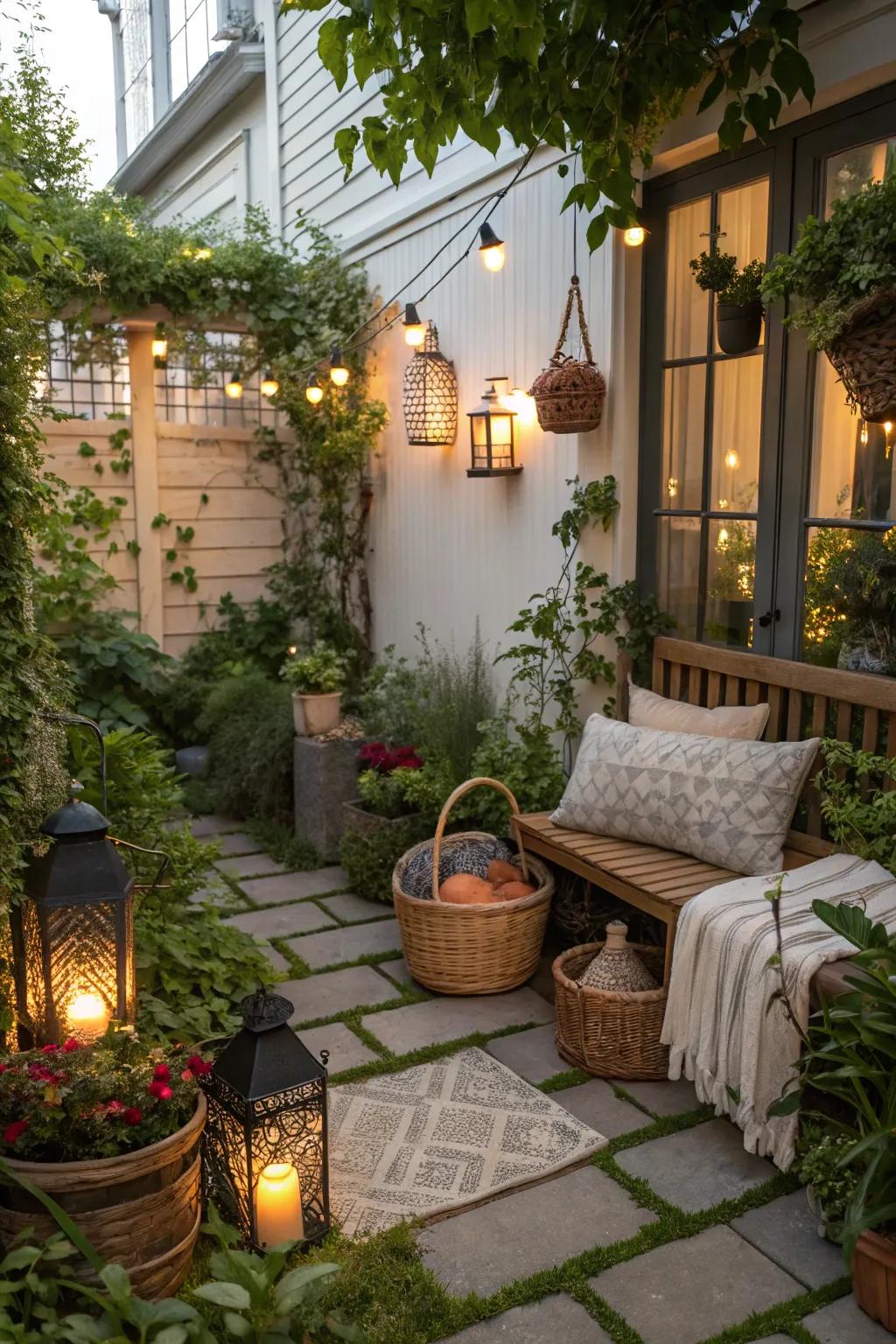 Varied decor pieces like lanterns and baskets add personality.