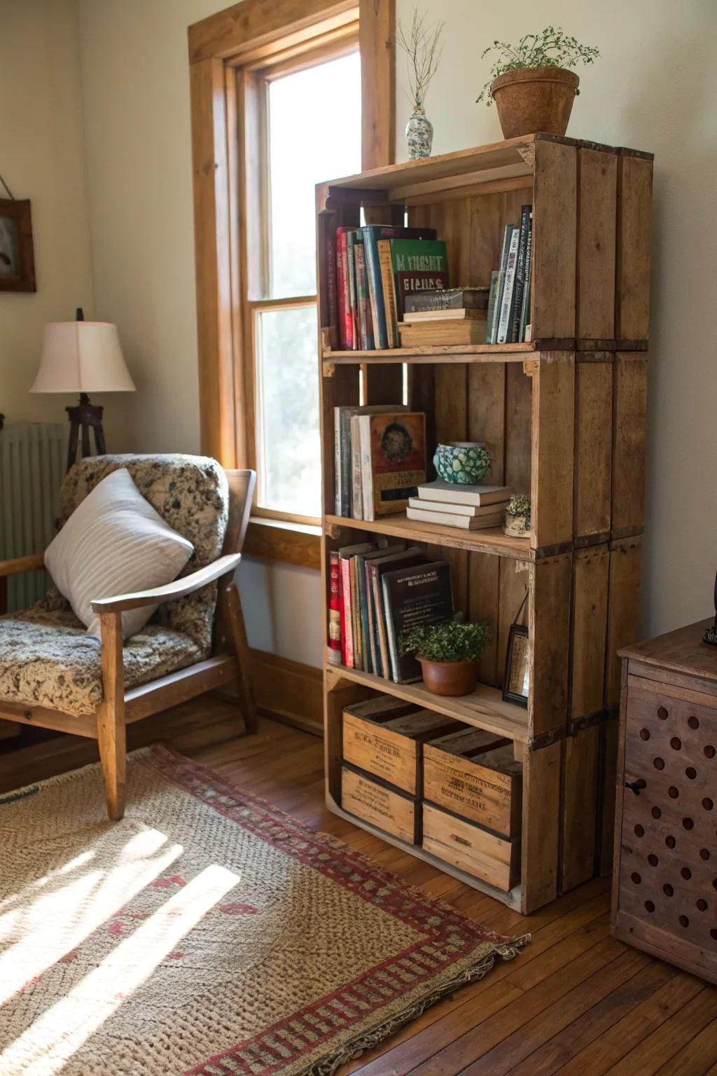 Crate bookcases deliver countryside charm and adaptability.