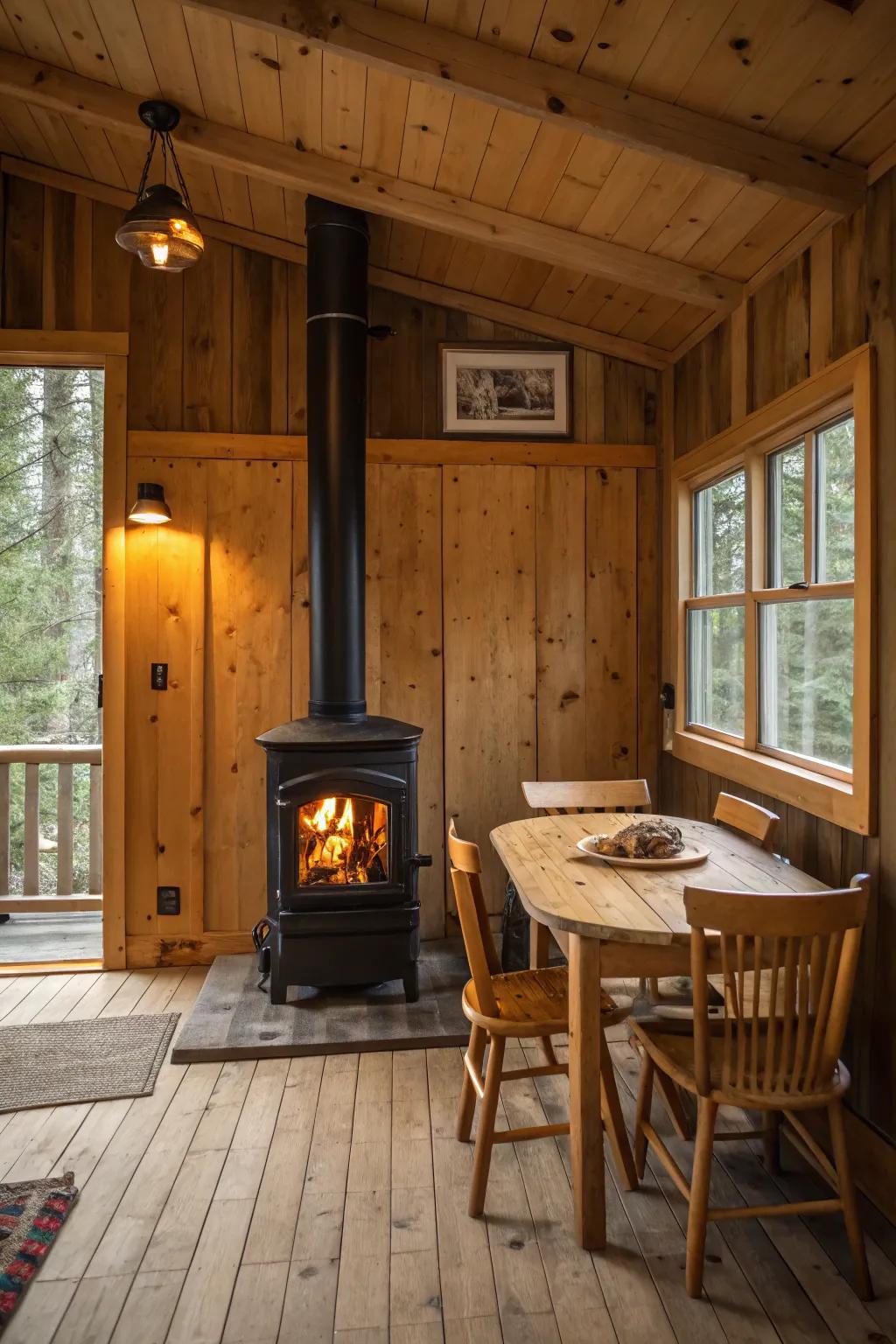 A cabin interior centered around a warm and inviting hearth.