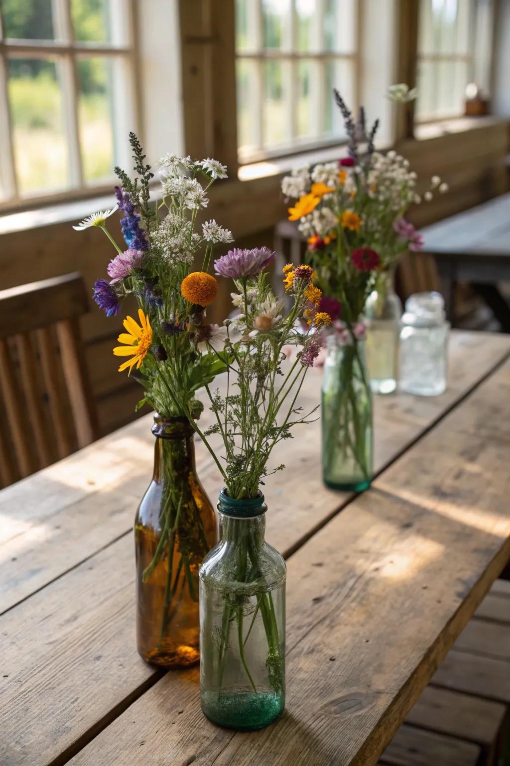 Classic charm harmonizes with whimsical sophistication through these glass bottle vases.