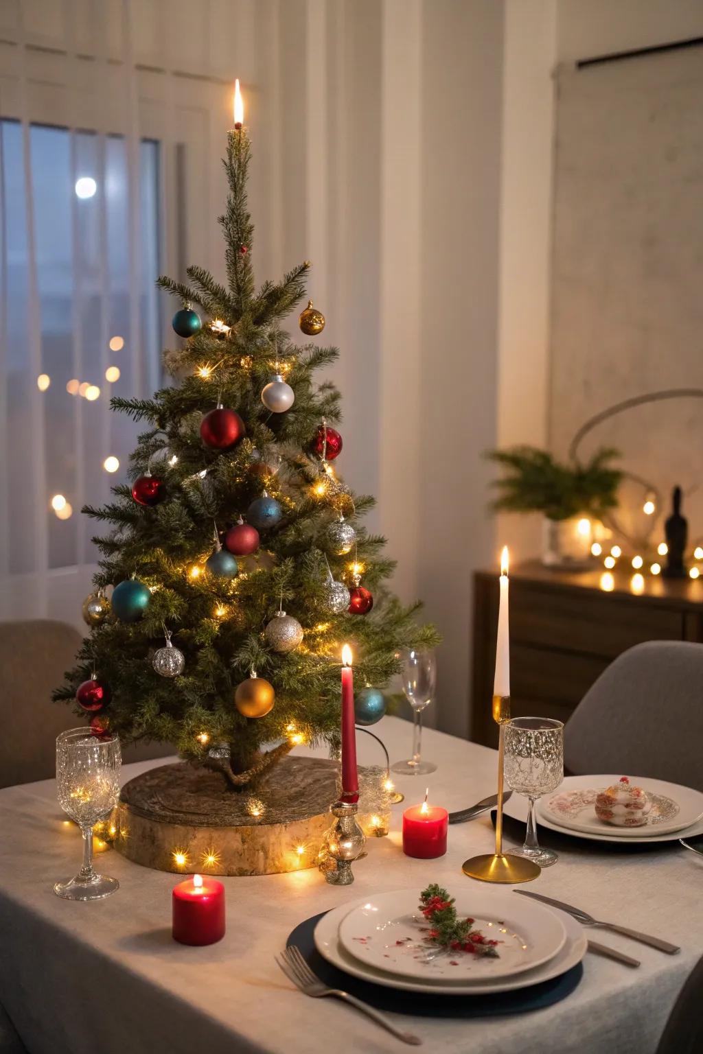 A surface-top Christmas tree functions as a festive dining surface centerpiece.