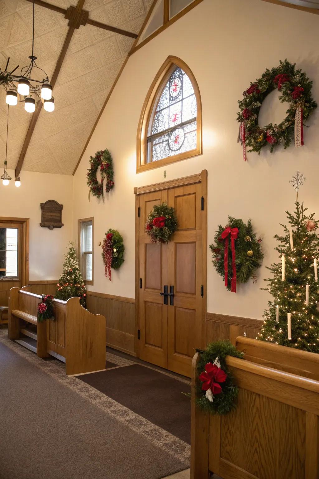 Seasonal decorations that bring a fresh vibe to the church entrance.