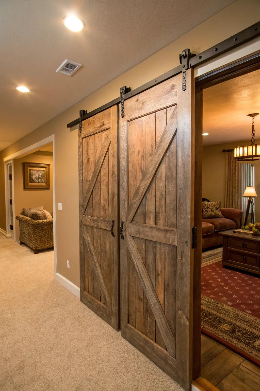 Timber doors deliver rustic charm and functionality.