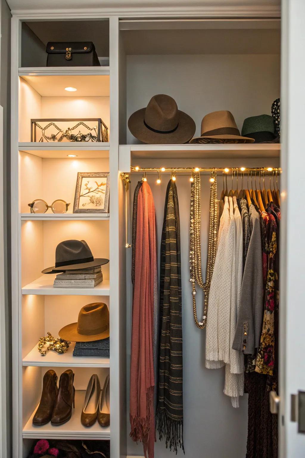 Accent lighting creates a warm and inviting closet ambiance.