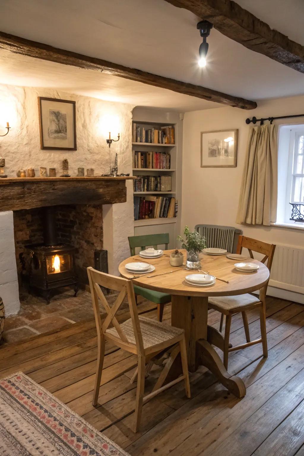 Round tables encourage conversation and save space.