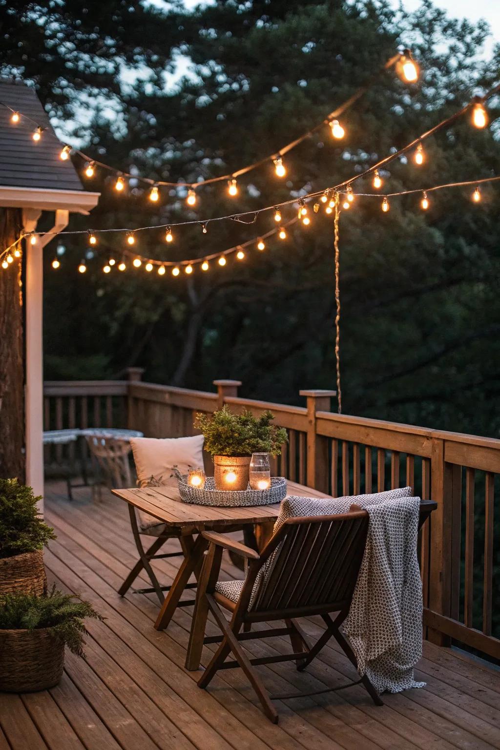 After dark, string lights create a cozy and welcoming atmosphere.