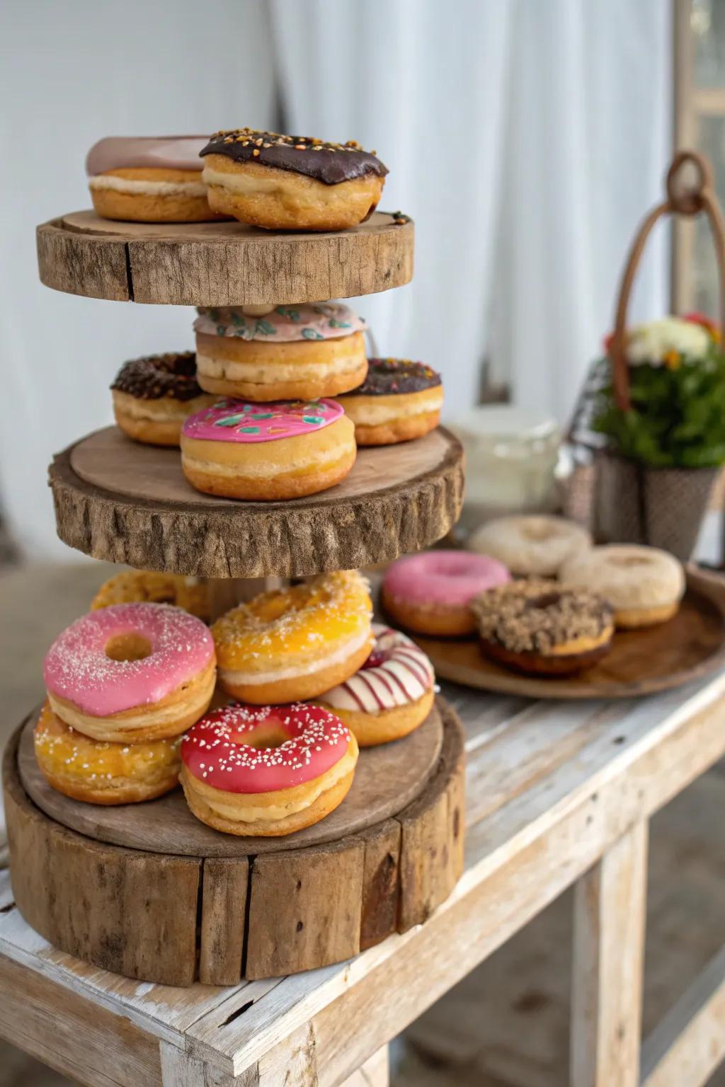 A home-style doughnut stand provides an inviting element to the sweet station.