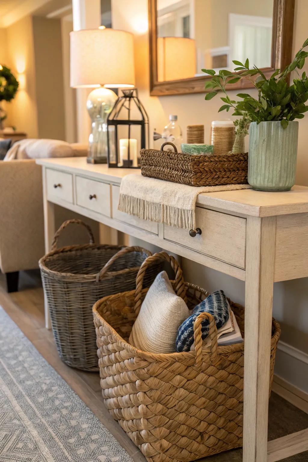 Stylish baskets keep smaller items organized and hidden.