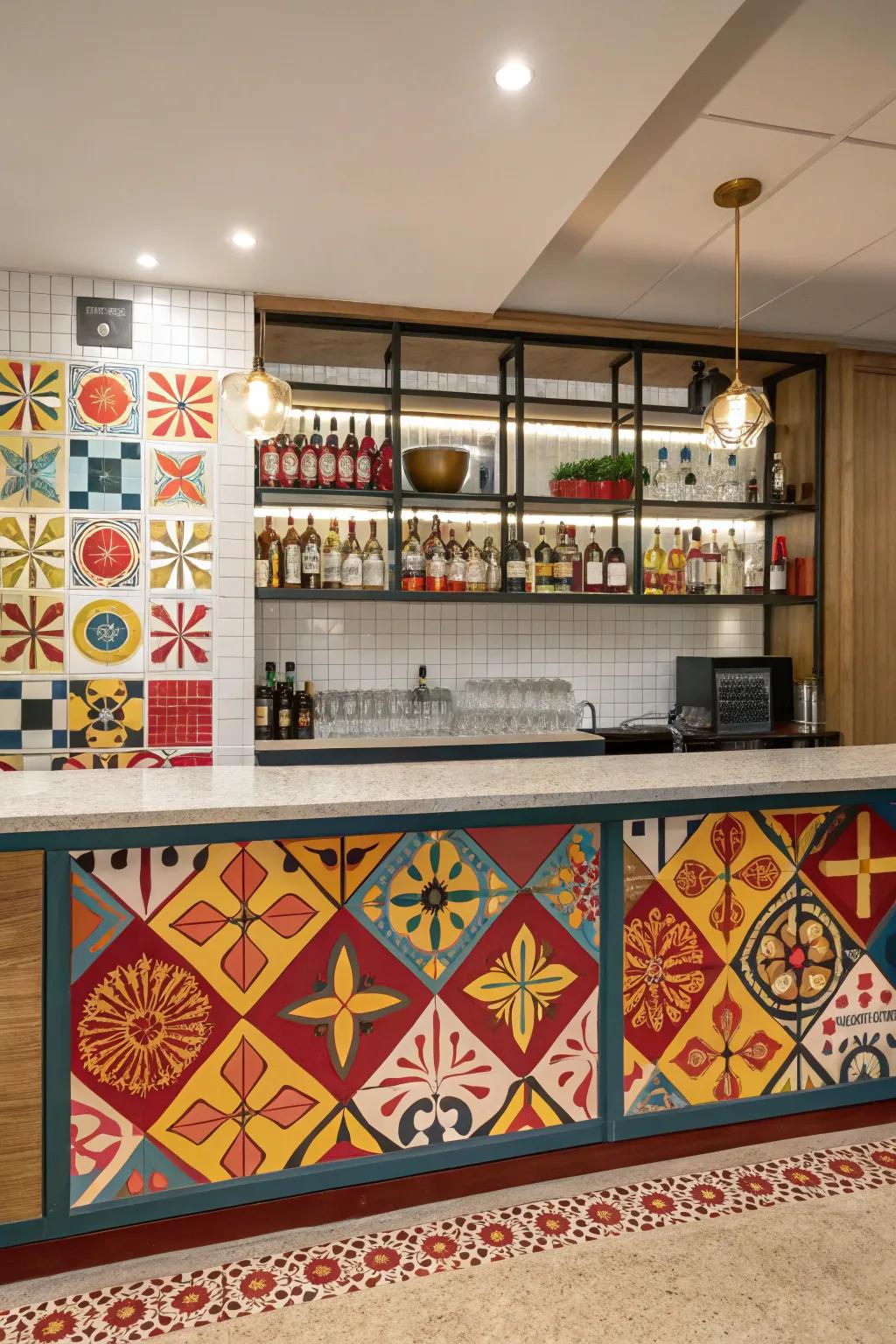 A statement splashback introduces personality to a drink station.