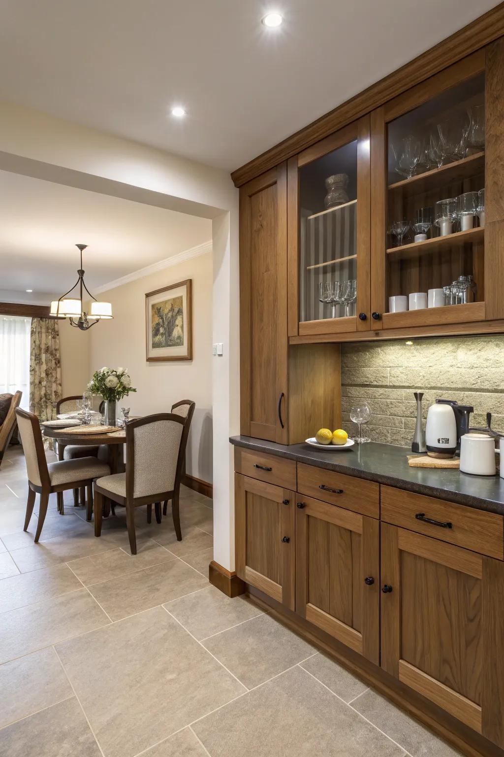 Built-in wall storage keeps essentials within reach.