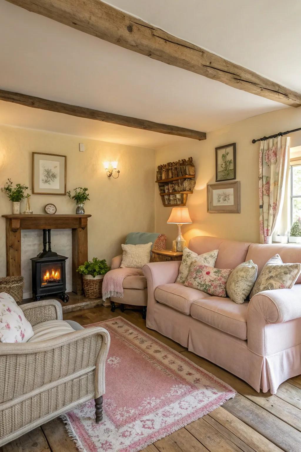 Gentle, earthy shades and pastels establish a calming ambiance in this cottage living space.