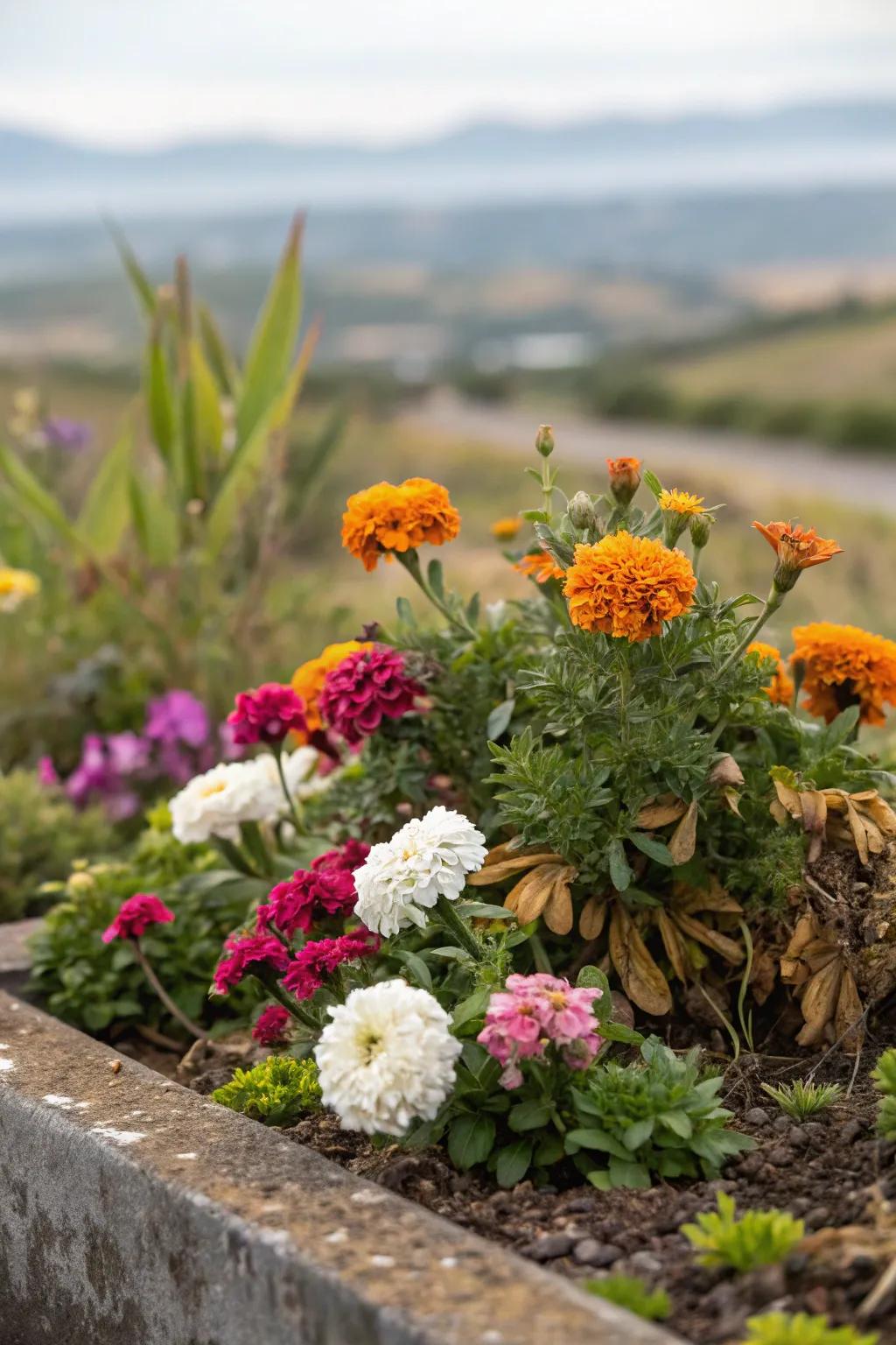 A small flower bed displaying a charming combination of flowers with varied textures.