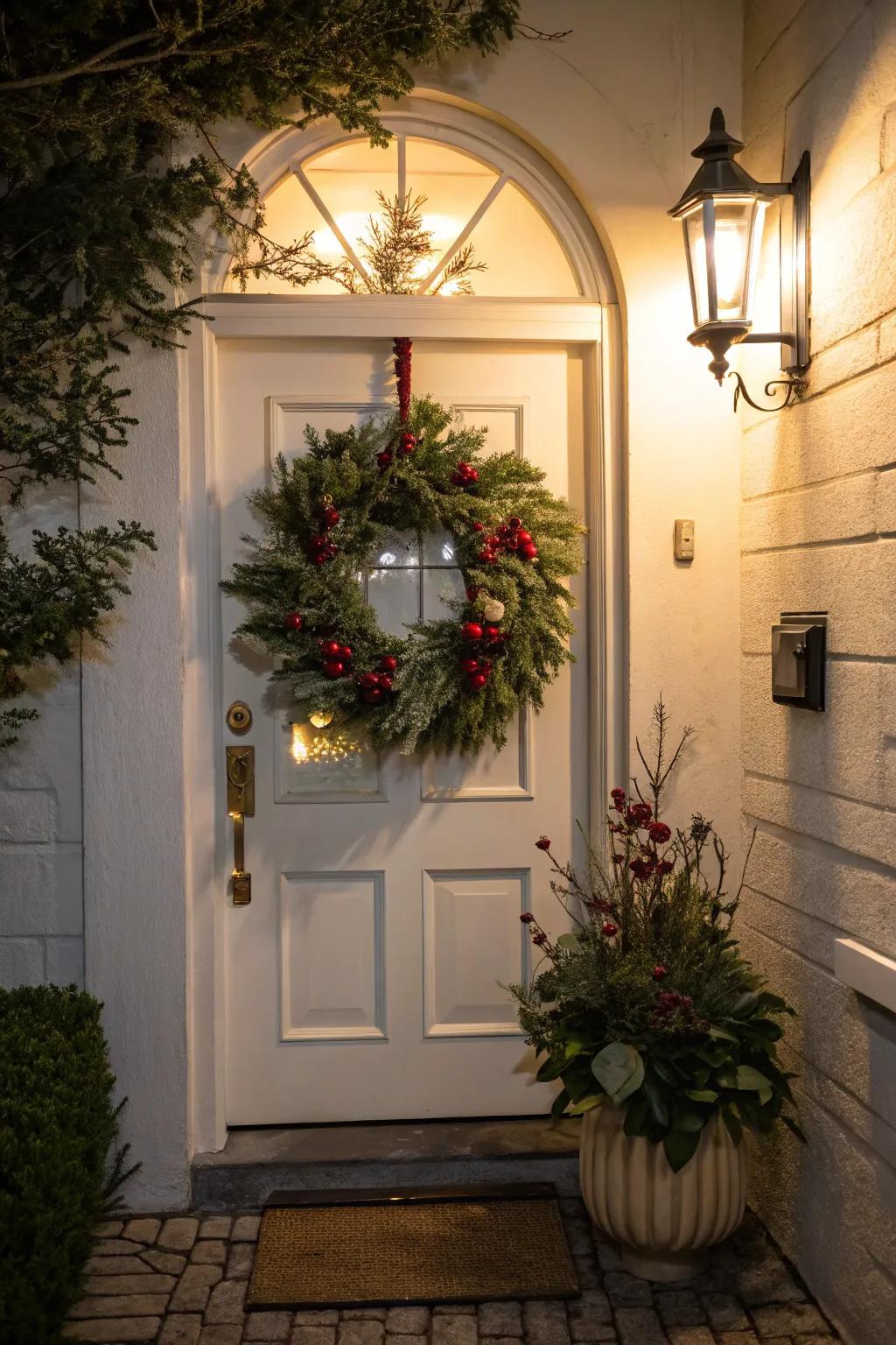 A seasonal circle of green adds a festive touch to the entryway.