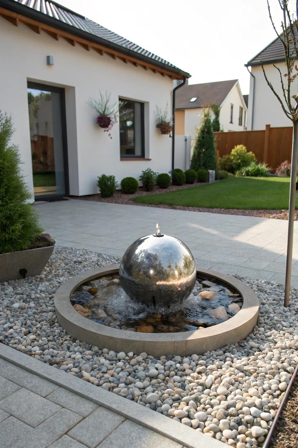 A metallic orb fountain introduces modern sophistication.