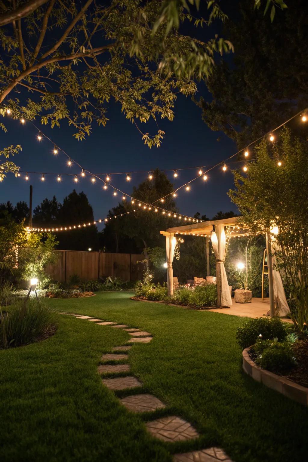 Gentle lighting enhances the ambiance of a garden with artificial grass.