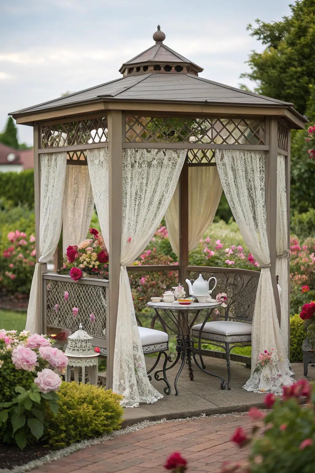 Enjoy tea elegantly with a charming pavilion arrangement.