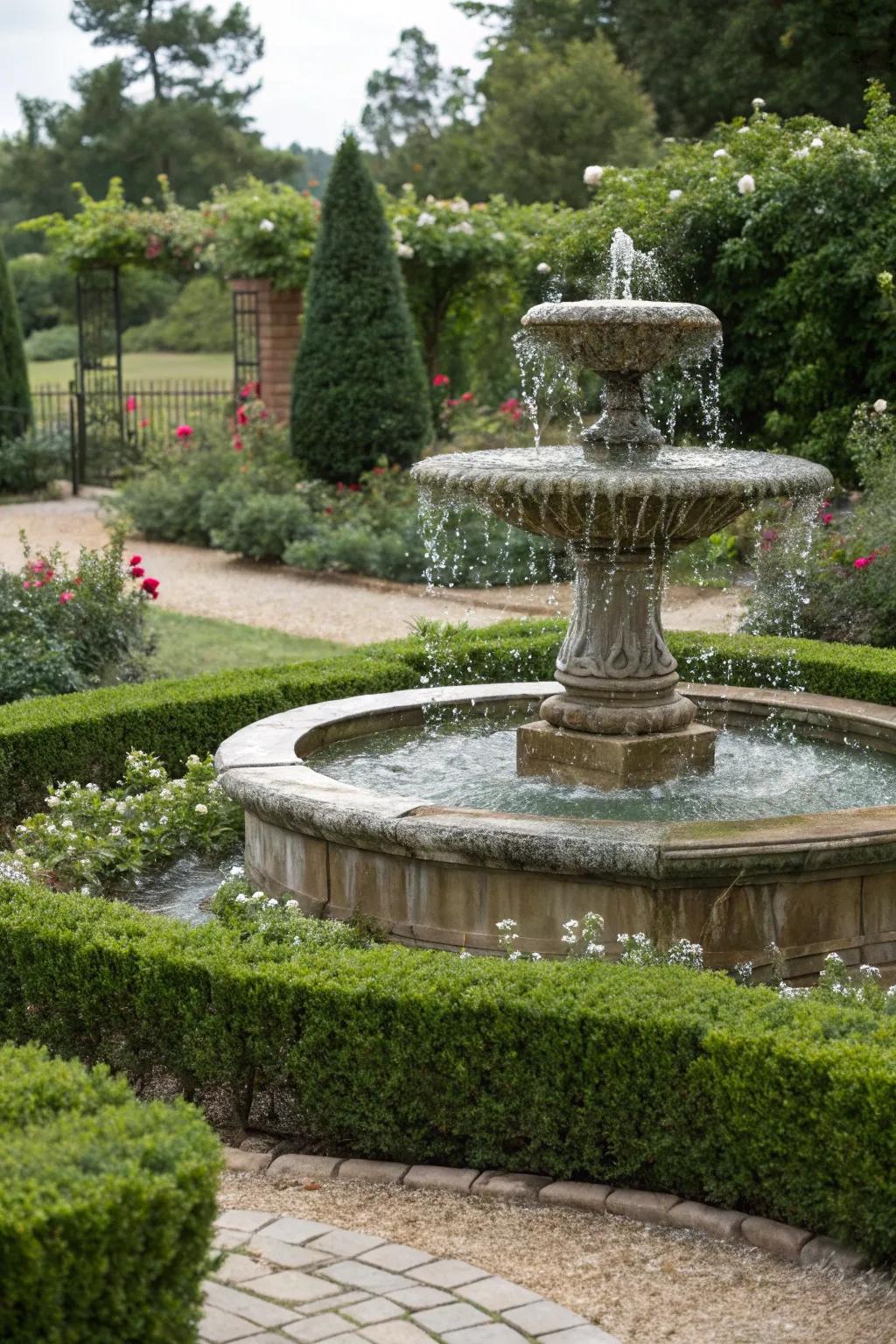 Hedges accentuating a landscape water feature for enhanced visual charm.