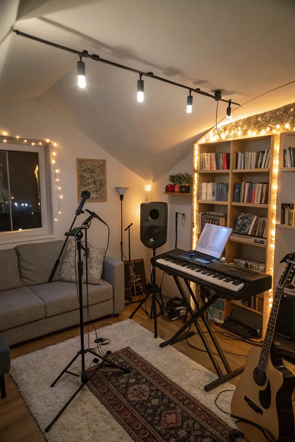 Soft lighting transforms the studio atmosphere, enhancing creativity.