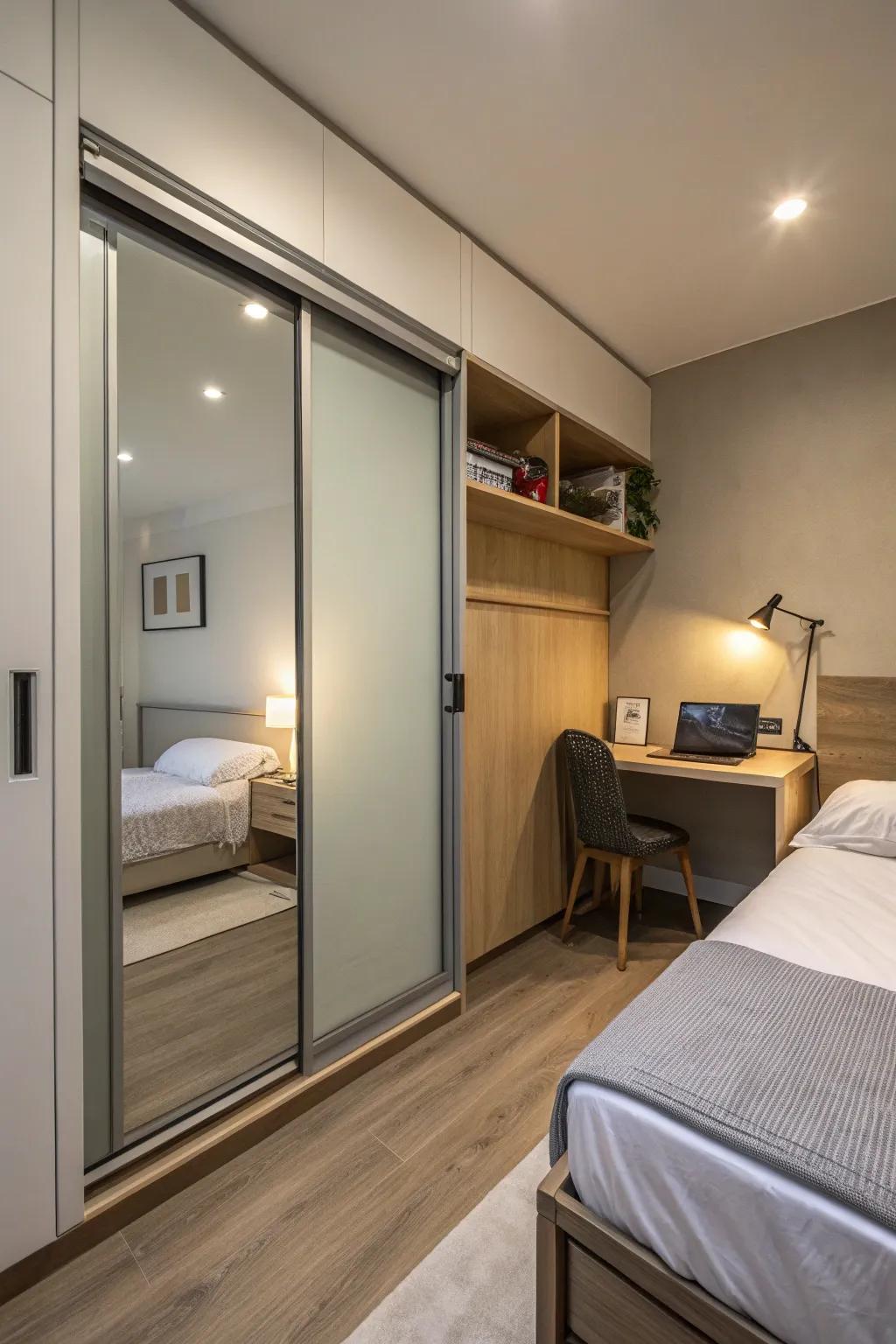 A sleek sliding door in a small bedroom that saves space.