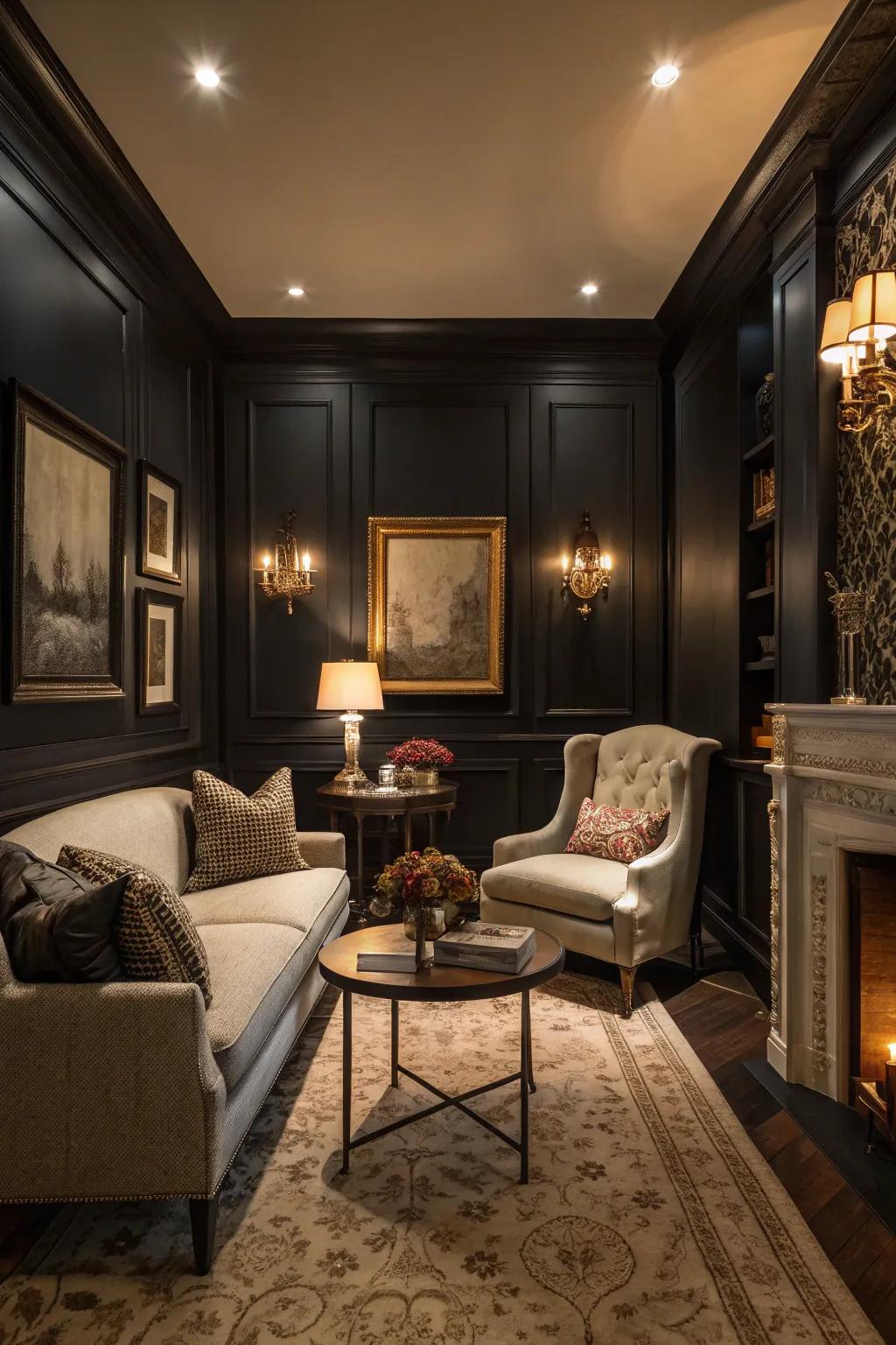 A compact living space featuring dark walls to foster an intimate setting.