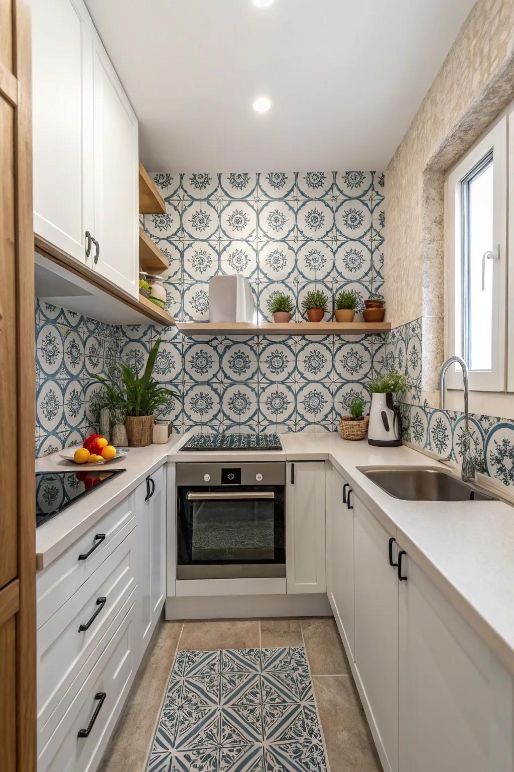 A distinct backsplash acts as a trendy emphasis inside a compact kitchen.