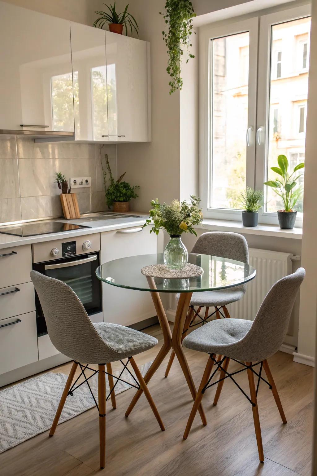 A glass-top table that enhances the feeling of space.