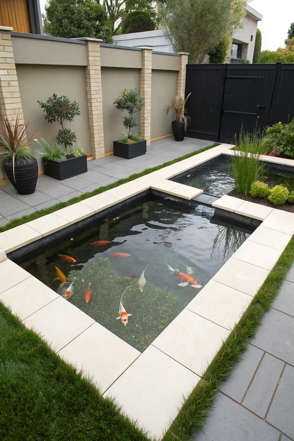 A modern square koi pond with sleek geometric lines.
