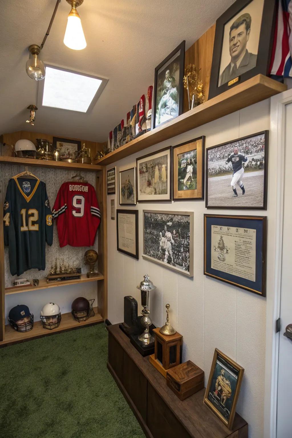 Sports memorabilia and vintage posters add a personal flair to themed decor.