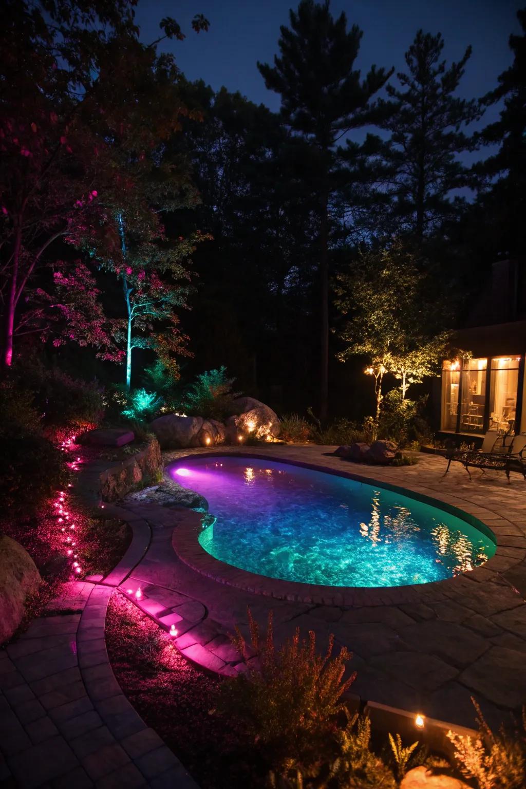 LED lamps turning a pool into a nighttime spectacle.