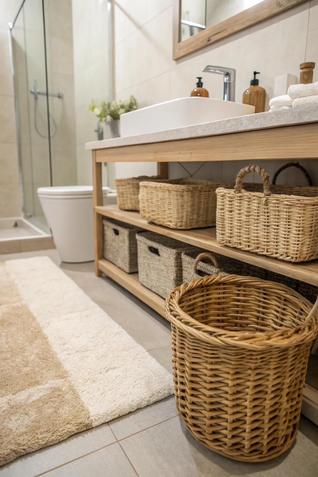Comforting textiles add warmth to a modern, rustic bathroom.