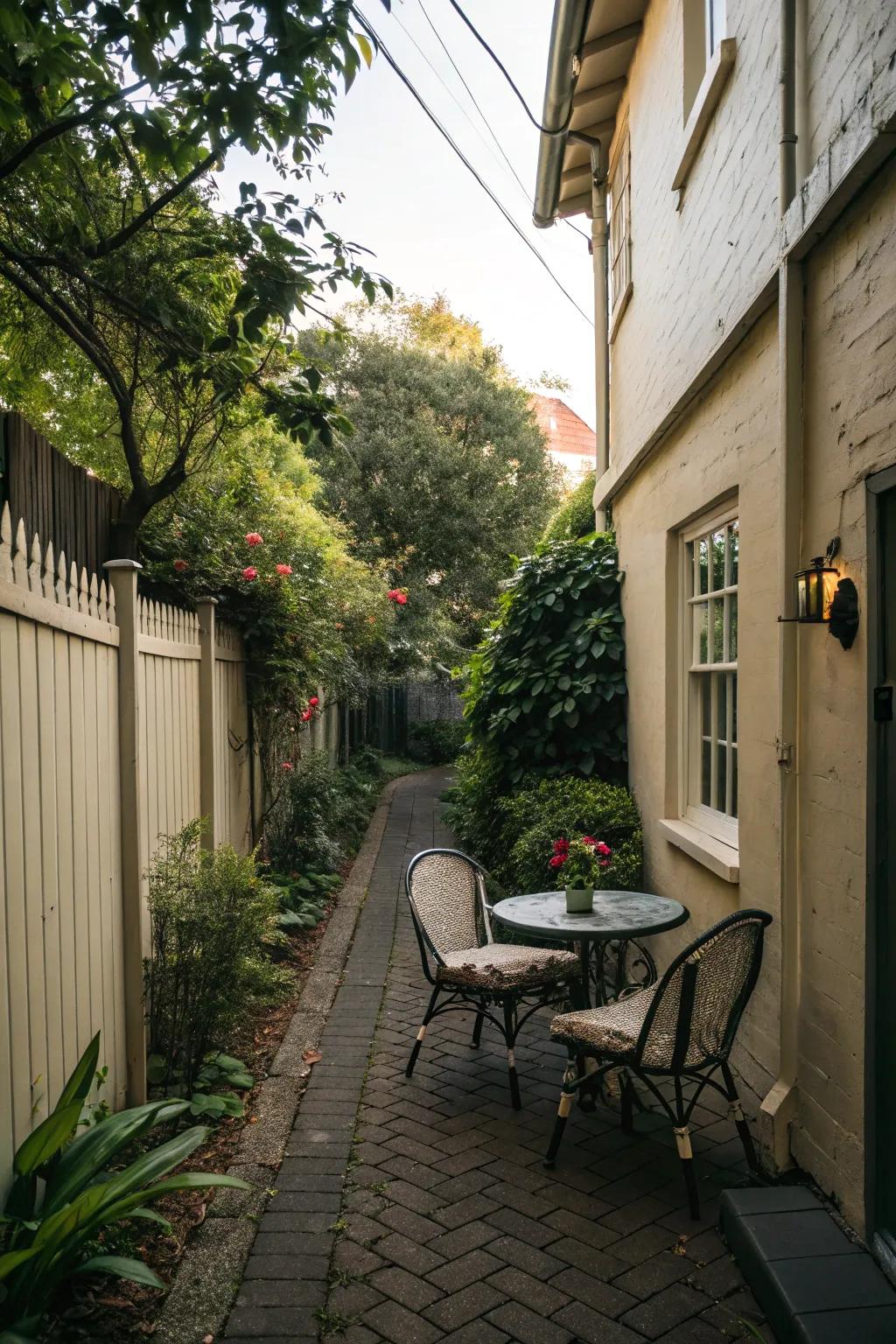 A cozy seating nook makes for perfect relaxation in a narrow side yard.