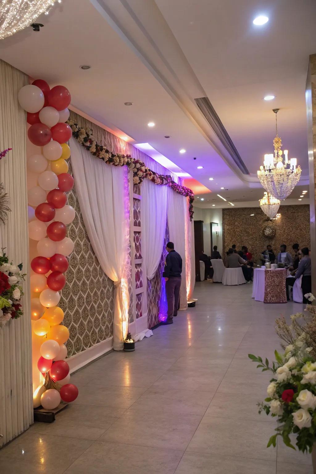 Artful backdrops and wall decor enhance the atmosphere.