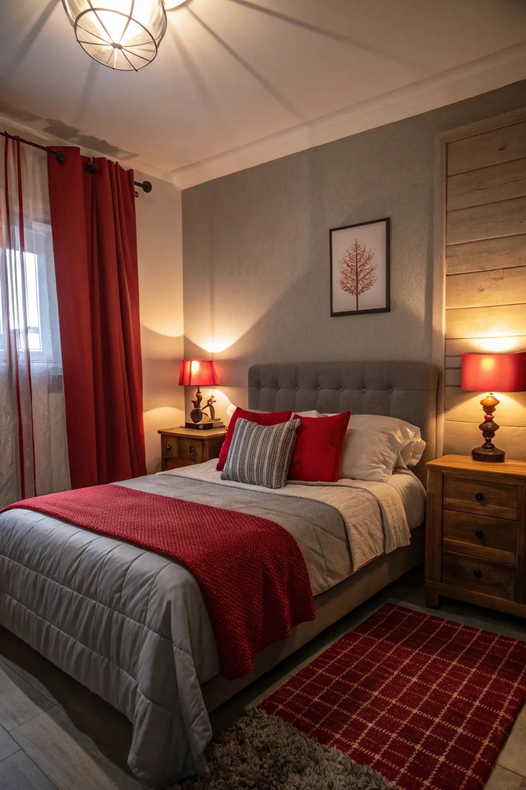 Gentle lighting in a compact bedroom enhances the cozy ambiance of crimson and ash shades.