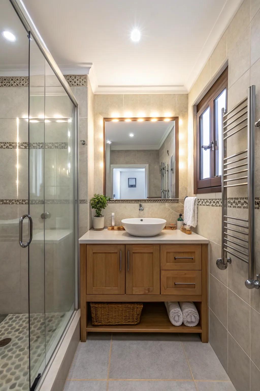 Substantial mirrors can enable small areas to feel more vast.