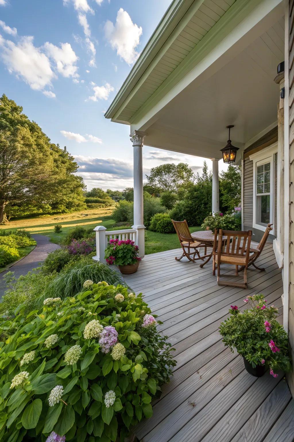A side porch with elegantly set timber decking and a small table.