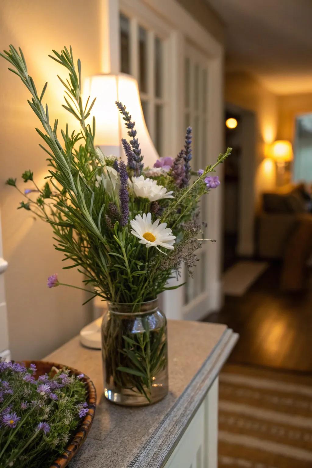 Herbs and flowers make a welcoming and sweet-smelling doorway display.
