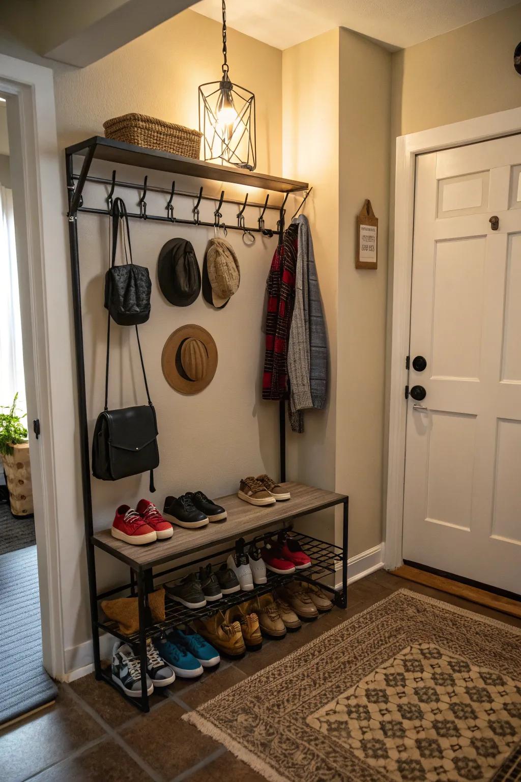 Door-mounted system in an entryway, maximizing space for footwear and accessories.
