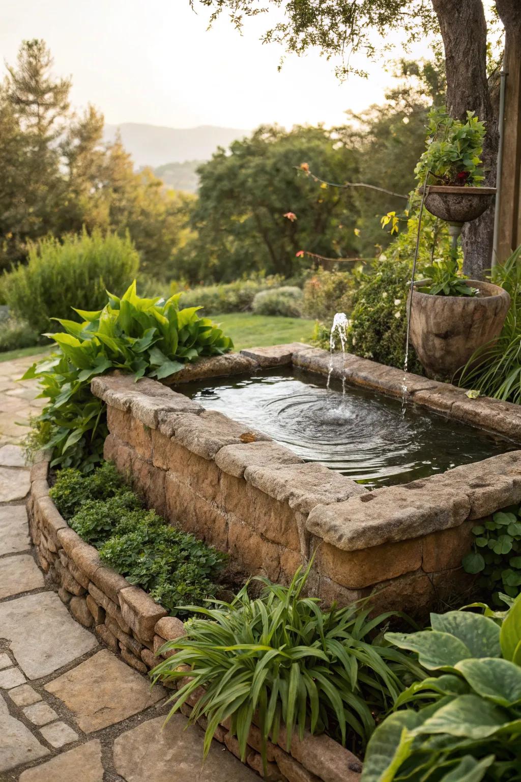 A beautifully bordered water feature with rustic stone accents.