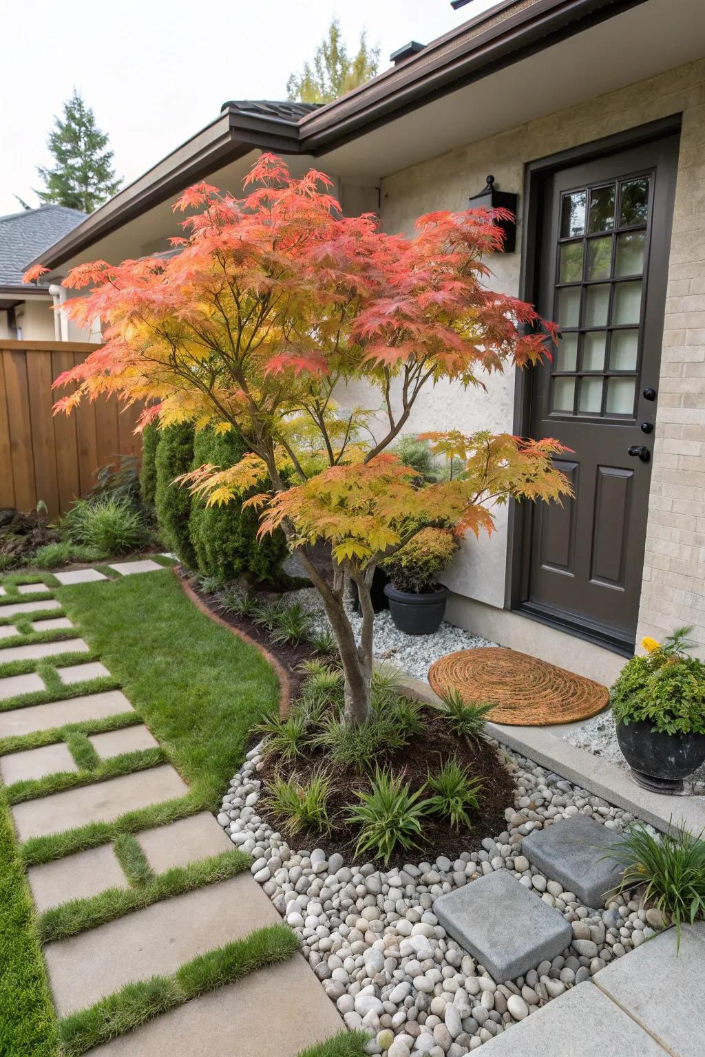 Dwarf Japanese maple adding charm to a small front yard.