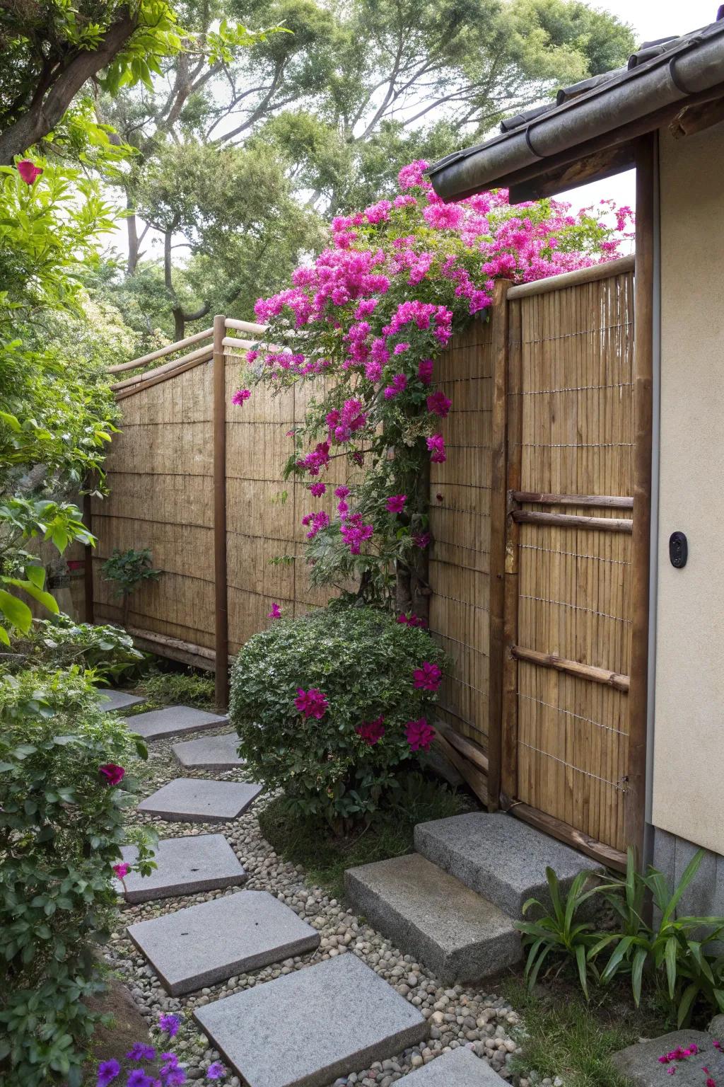 A privacy screen covered with bougainvillea offers a secluded hideaway.